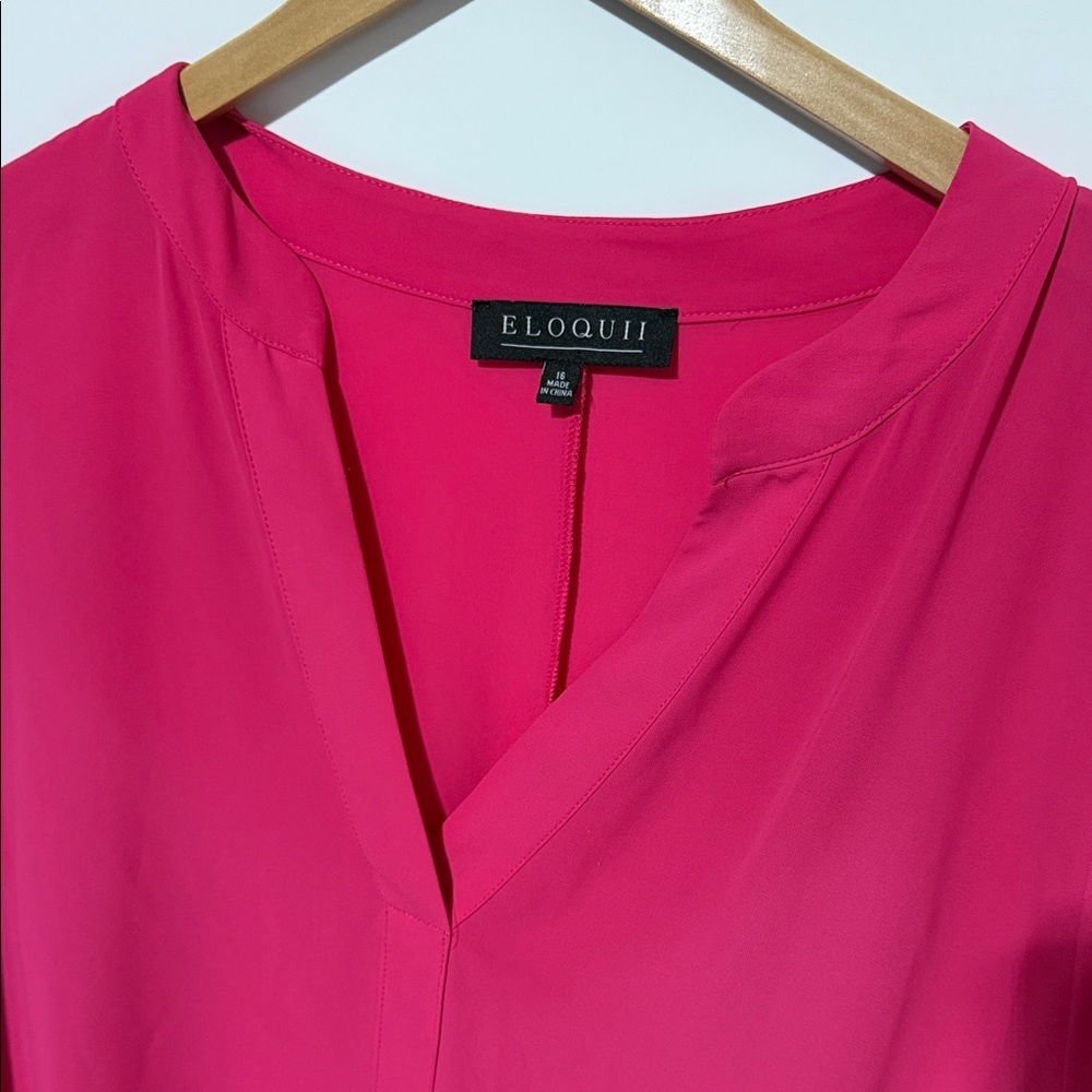 Eloquii Hot Pink Long Sleeve Blouse V-Neck Roll Tab Sleeves Size 16 - Picture 8 of 10